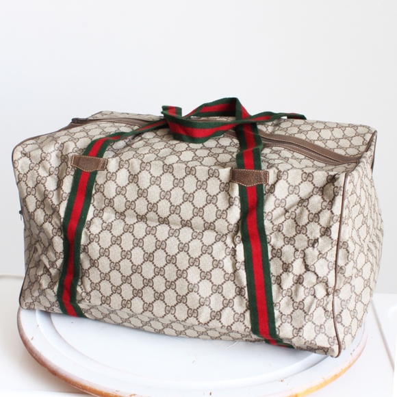 Gucci Duffle Bag GG Logo Canvas Brown Leather Trim Folding Travel Carry On 80s - Picture 6 of 15